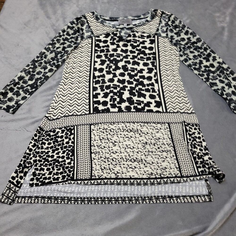 Lynn Ritchie Silver Shirt Womens Small Tunic Top Black‎ Sheer 3/4 Sleeve Comfort